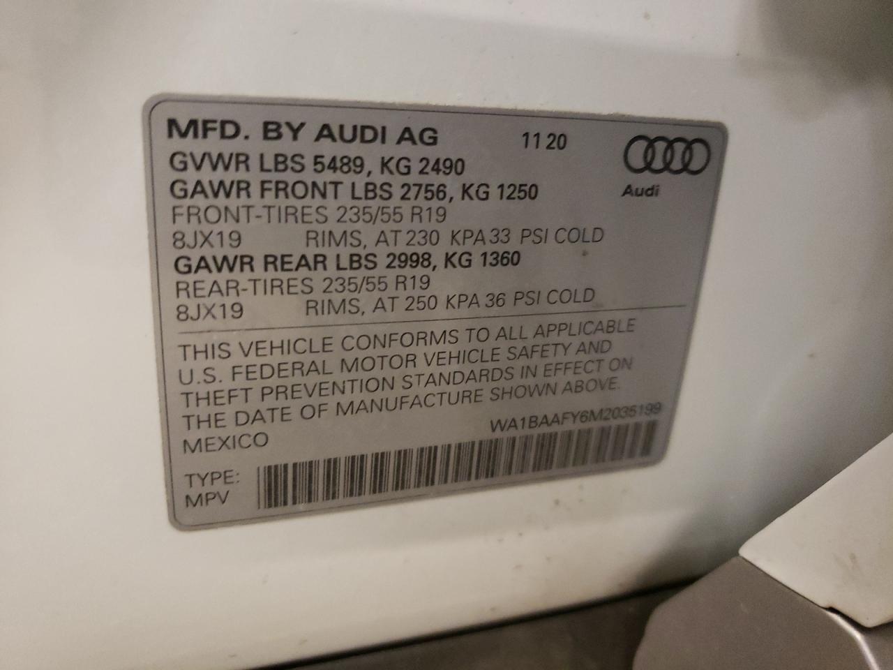 Photo 10 from auction – 2021 AUDI Q5 PREMIUM with VIN WA1BAAFY6M2035199