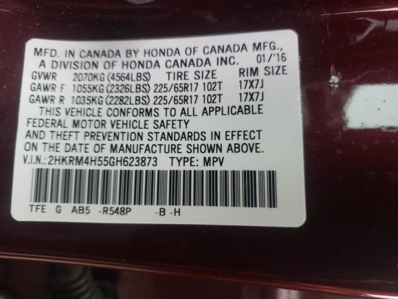 Photo 10 from auction – 2016 HONDA CR-V EX with VIN 2HKRM4H55GH623873