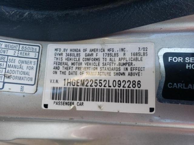 Photo 10 from auction – 2002 HONDA CIVIC LX with VIN 1HGEM22552L092286