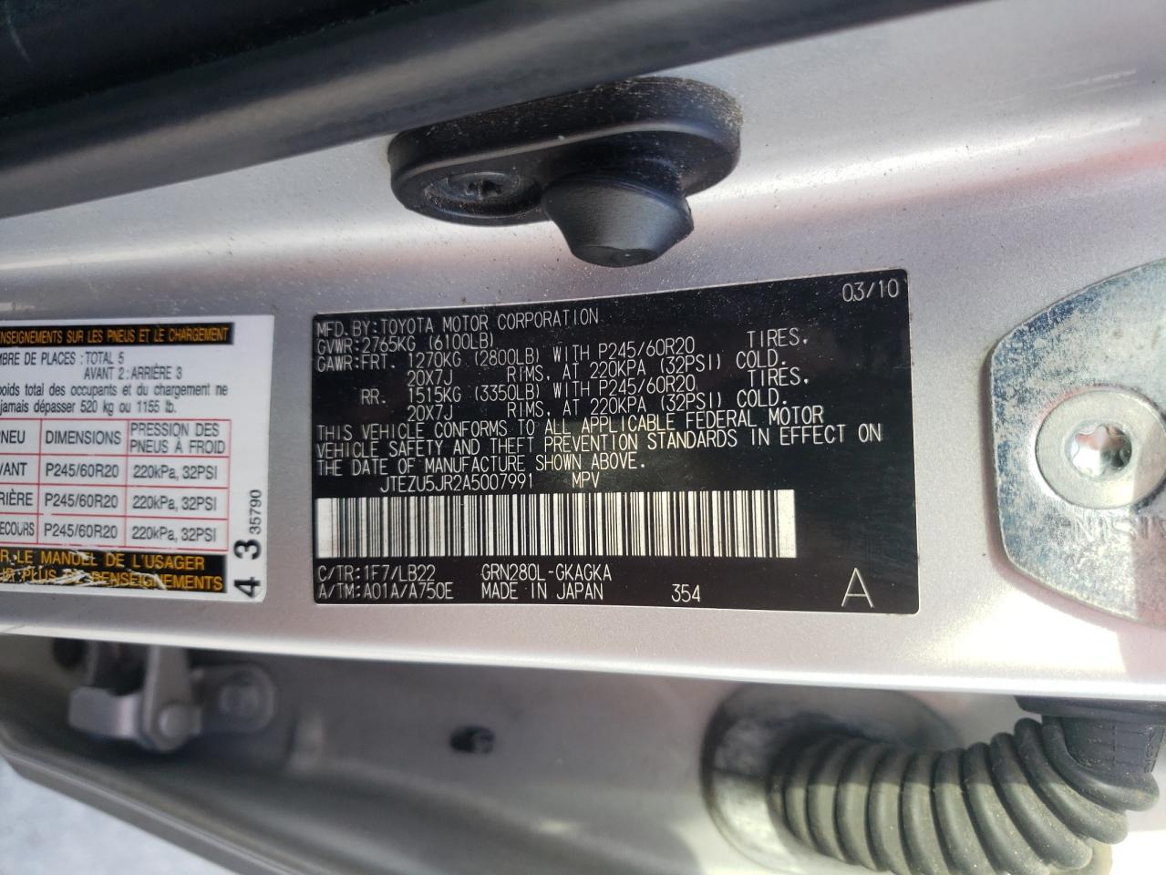Photo 10 from auction – 2010 TOYOTA 4RUNNER SR with VIN JTEZU5JR2A5007991