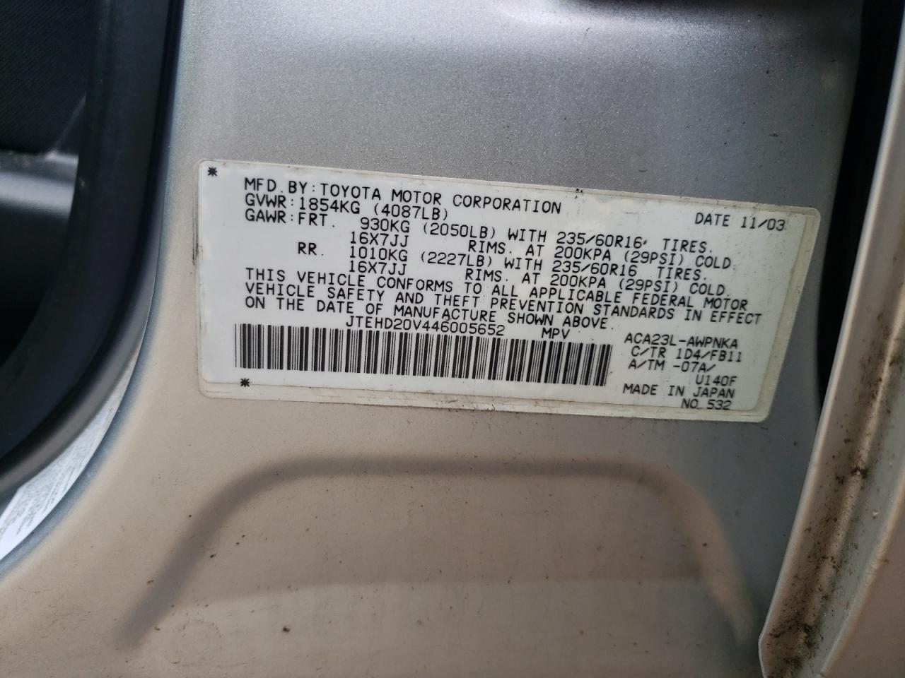 Photo 10 from auction – 2004 TOYOTA RAV4 with VIN JTEHD20V446005652