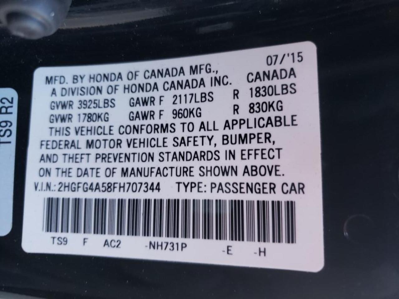 Photo 10 from auction – 2015 HONDA CIVIC SI with VIN 2HGFG4A58FH707344
