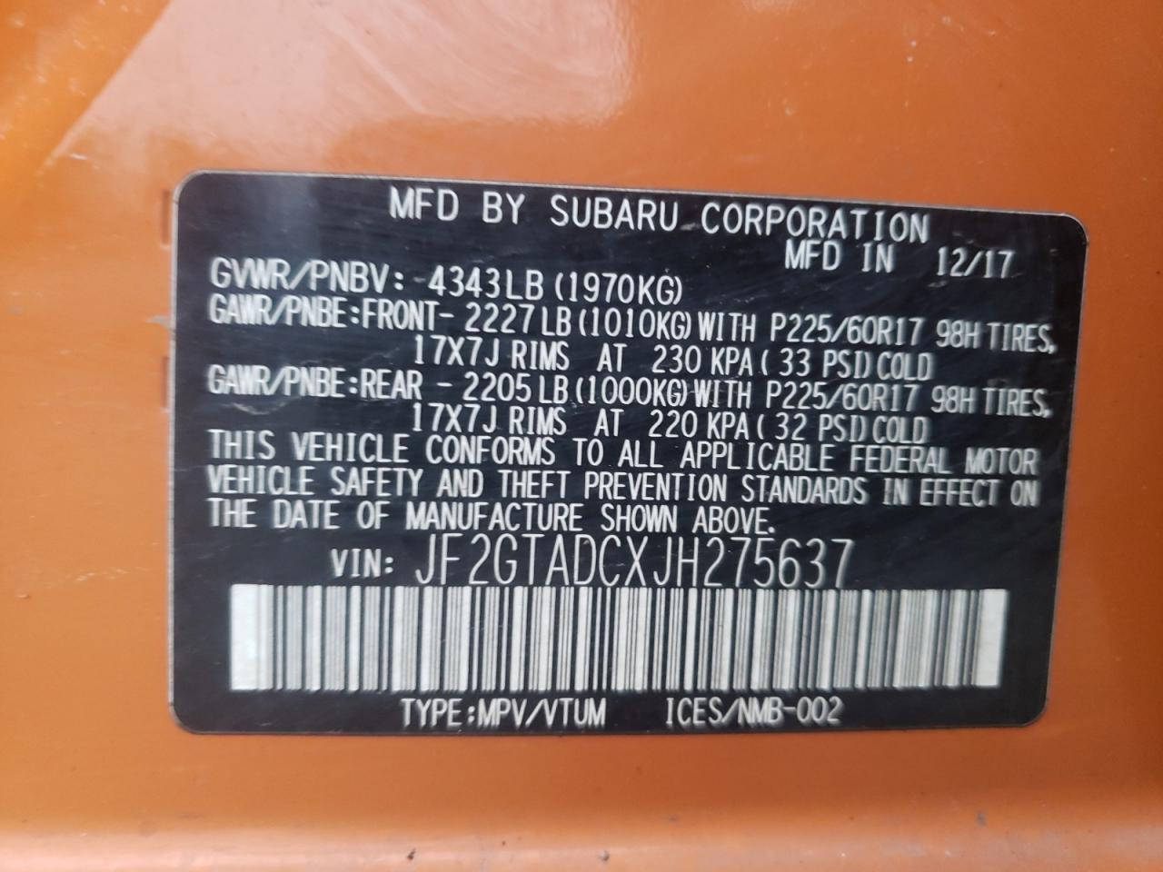Photo 10 from auction – 2018 SUBARU CROSSTREK with VIN JF2GTADCXJH275637
