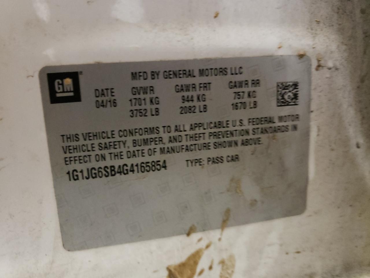 Photo 10 from auction – 2016 CHEVROLET SONIC RS with VIN 1G1JG6SB4G4165854