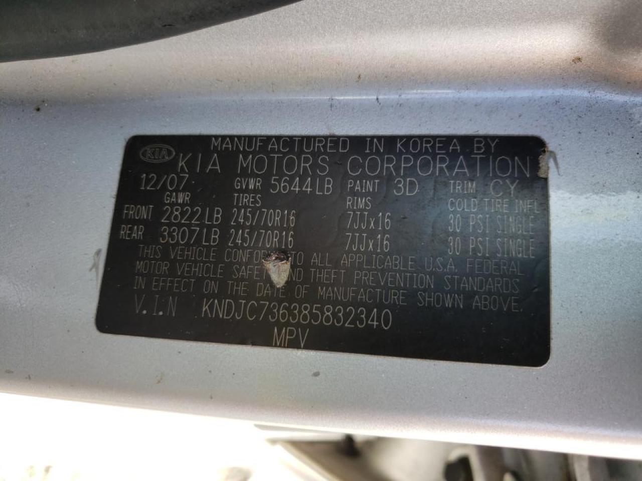 Photo 10 from auction – 2008 KIA SORENTO EX with VIN KNDJC736385832340