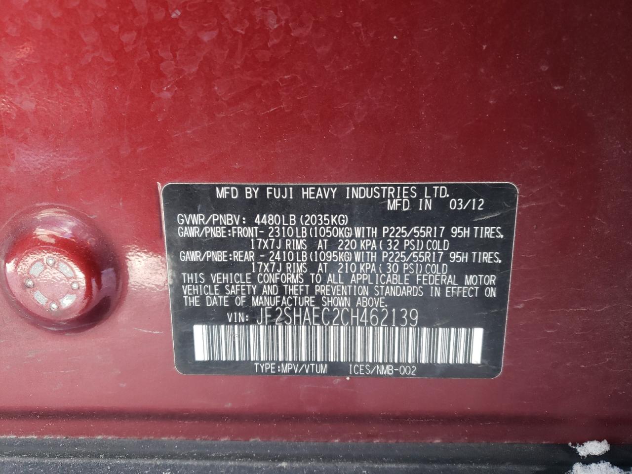 Photo 10 from auction – 2012 SUBARU FORESTER L with VIN JF2SHAEC2CH462139