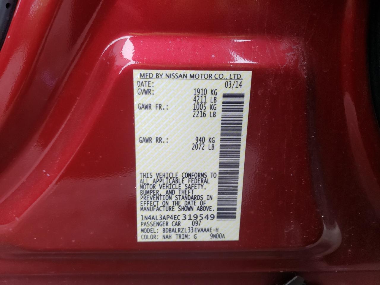 Photo 10 from auction – 2014 NISSAN ALTIMA 2.5 with VIN 1N4AL3AP4EC319549