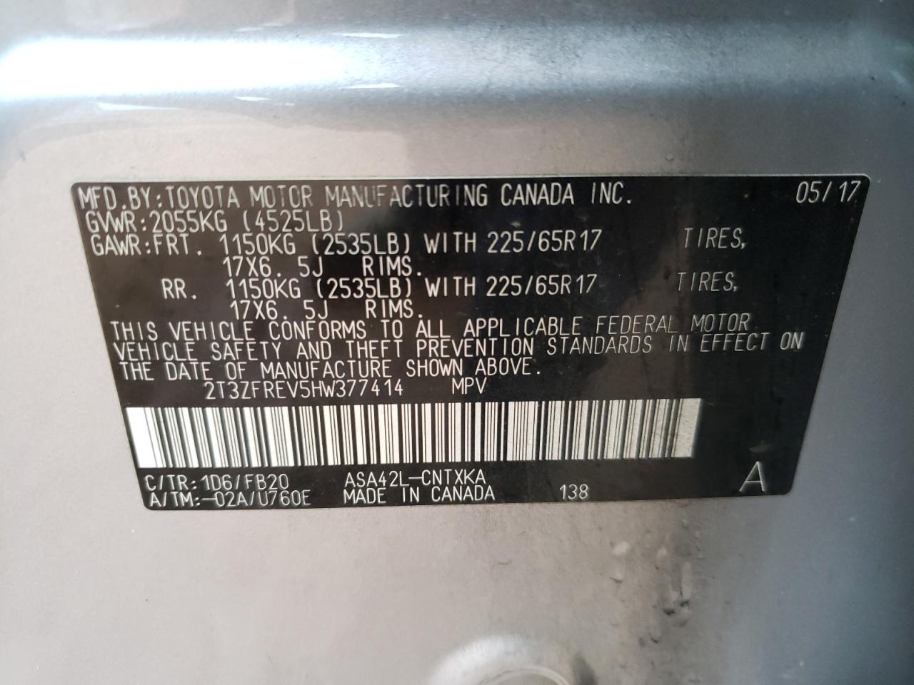 Photo 10 from auction – 2017 TOYOTA RAV4 LE with VIN 2T3ZFREV5HW377414