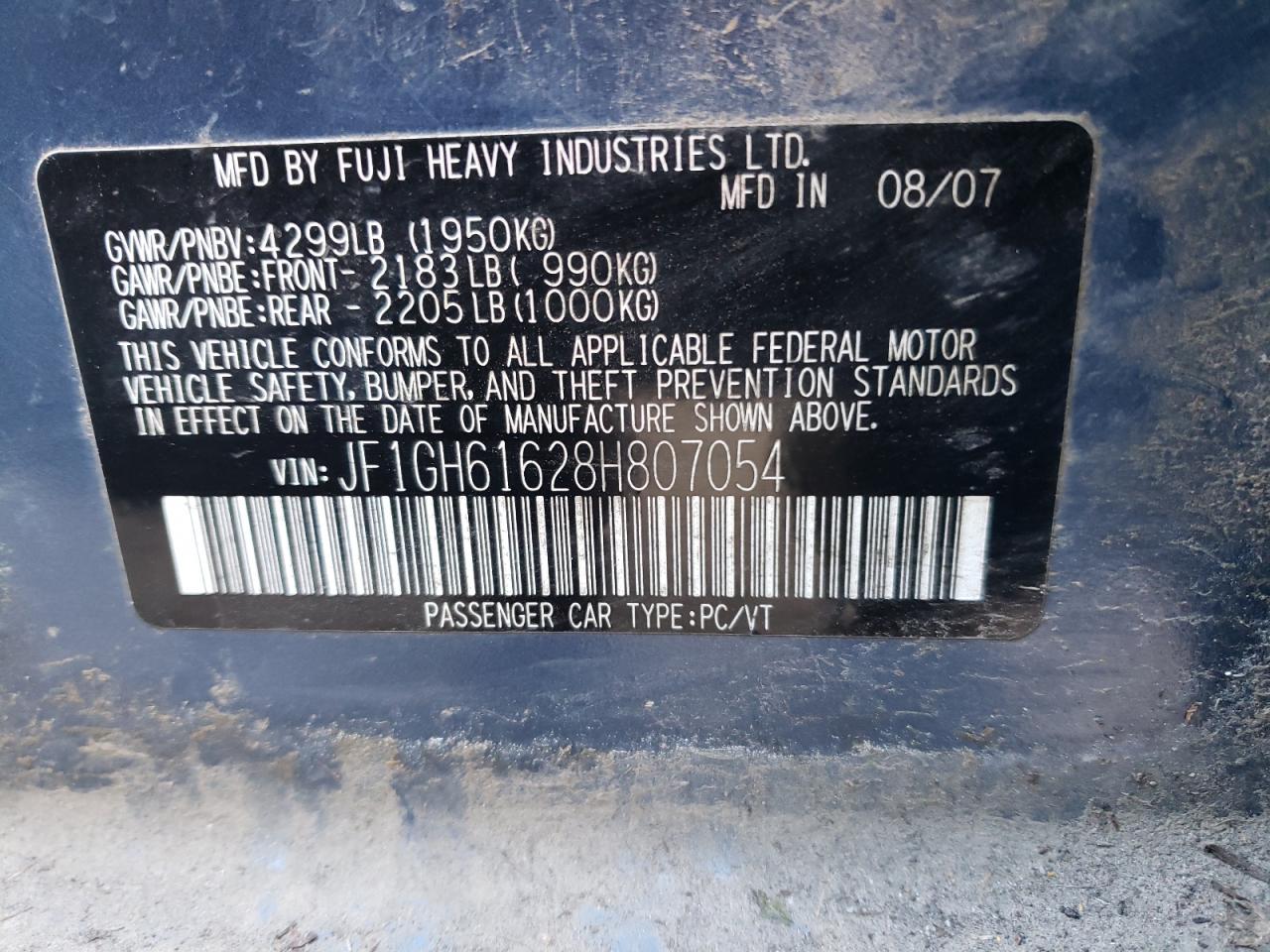 Zdjęcie 10 z aukcji – 2008 SUBARU IMPREZA 2. z VIN JF1GH61628H807054