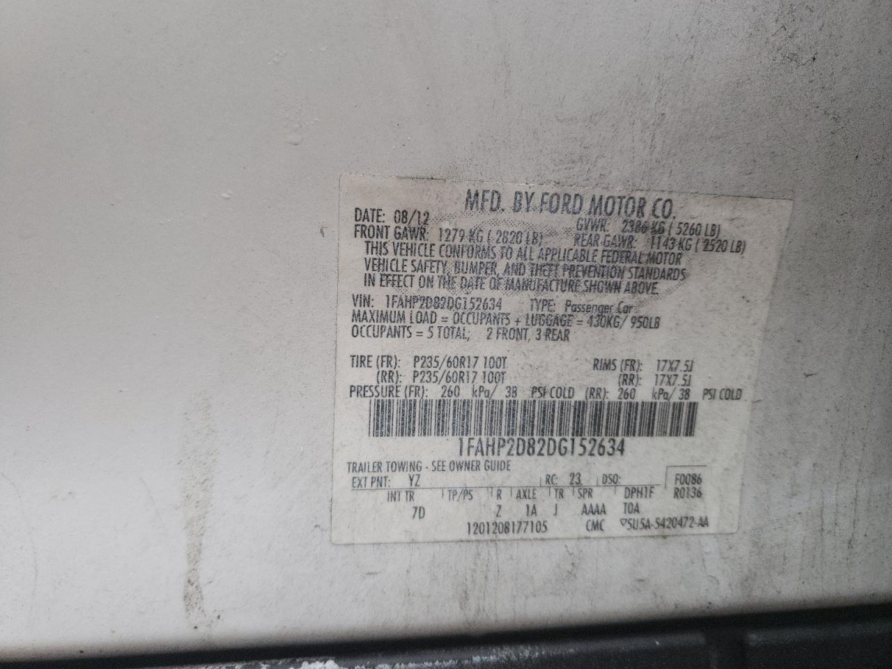 Photo 10 from auction – 2013 FORD TAURUS SE with VIN 1FAHP2D82DG152634