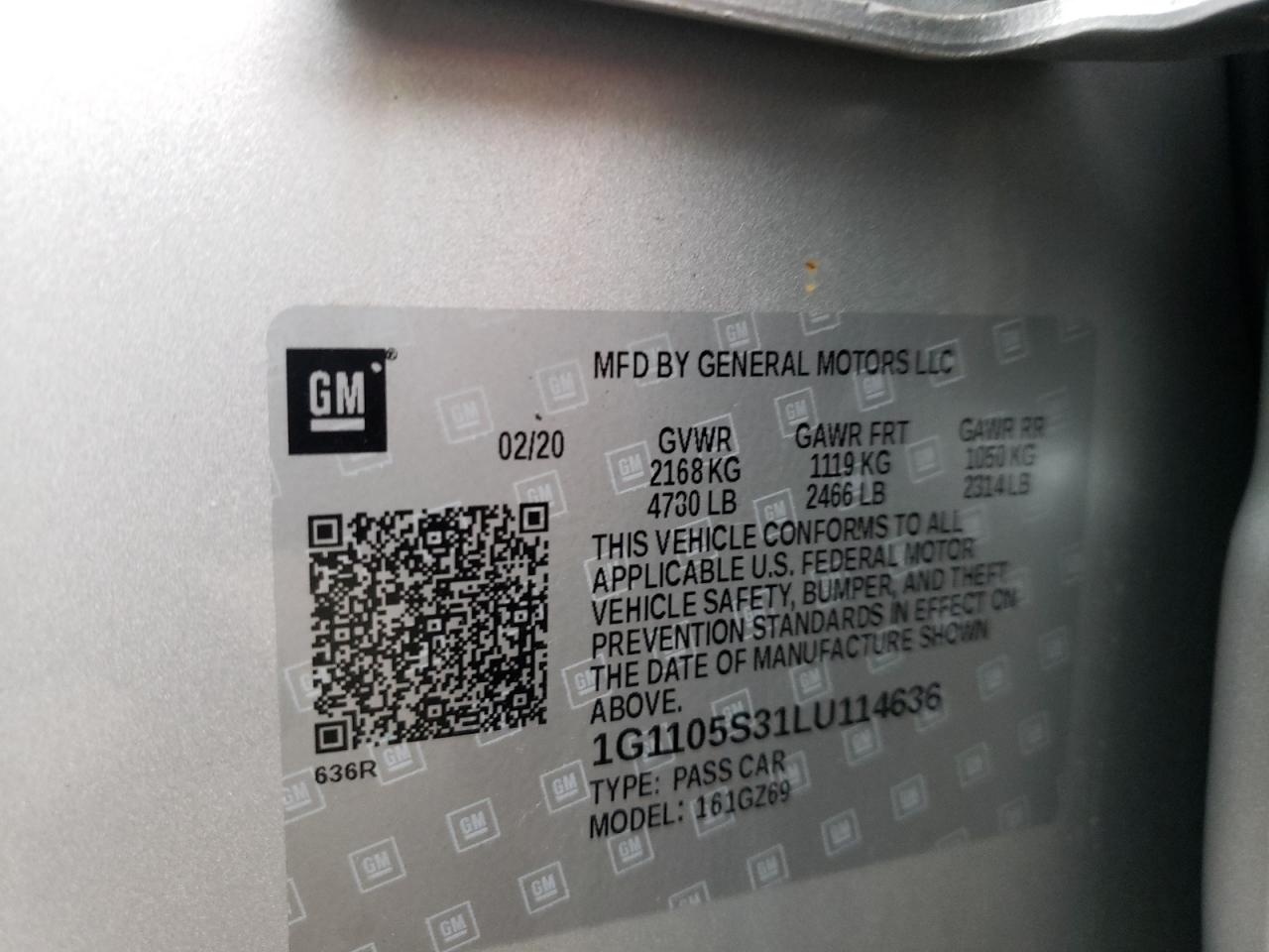 Photo 10 from auction – 2020 CHEVROLET IMPALA PRE with VIN 1G1105S31LU114636