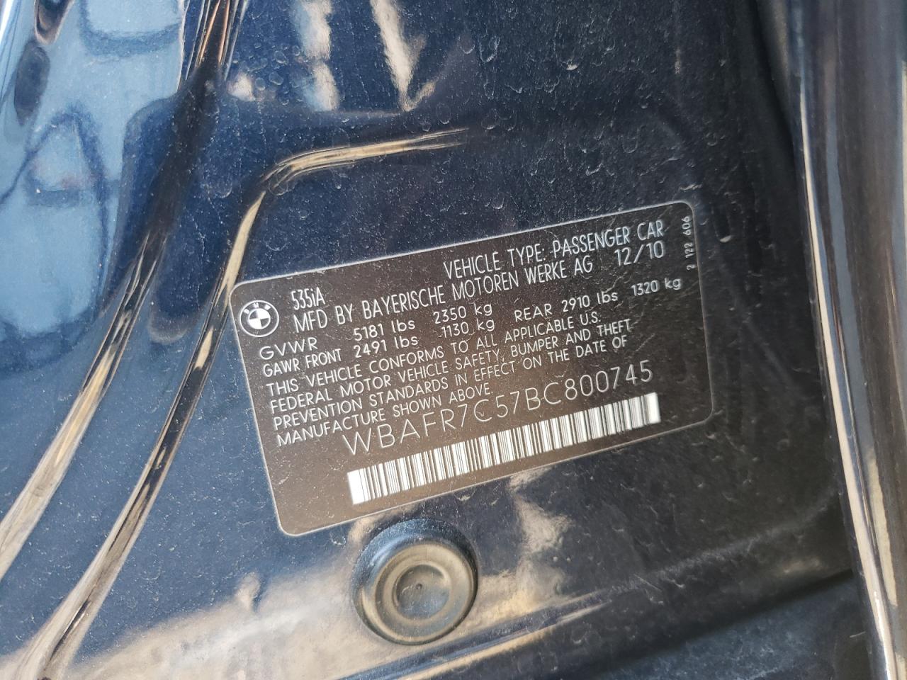 Photo 10 from auction – 2011 BMW 535 I with VIN WBAFR7C57BC800745
