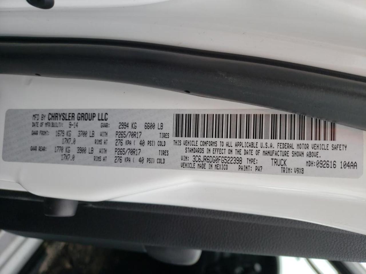 Photo 10 from auction – 2015 RAM 1500 ST with VIN 3C6JR6DG0FG522398