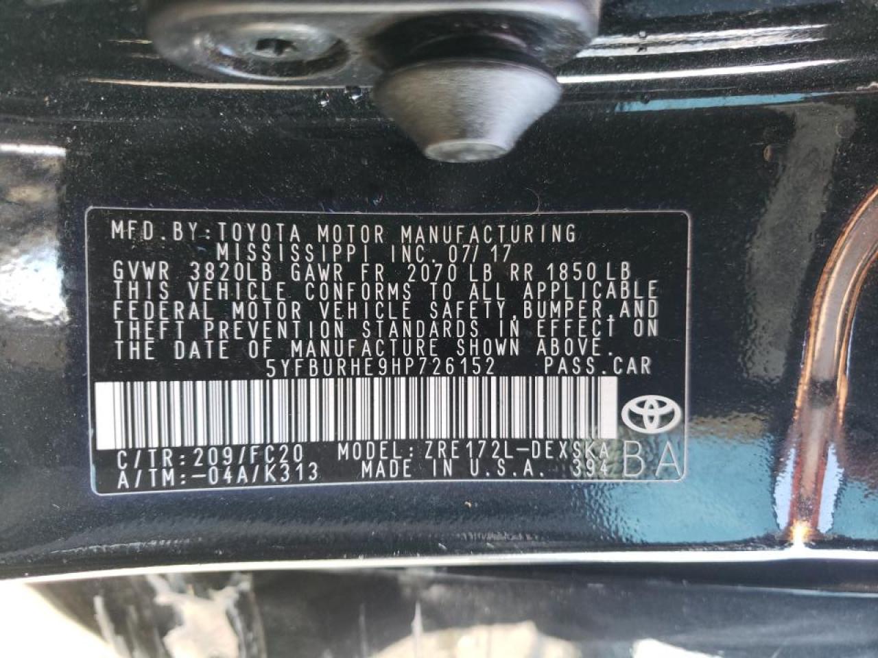 Photo 10 from auction – 2017 TOYOTA COROLLA L with VIN 5YFBURHE9HP726152