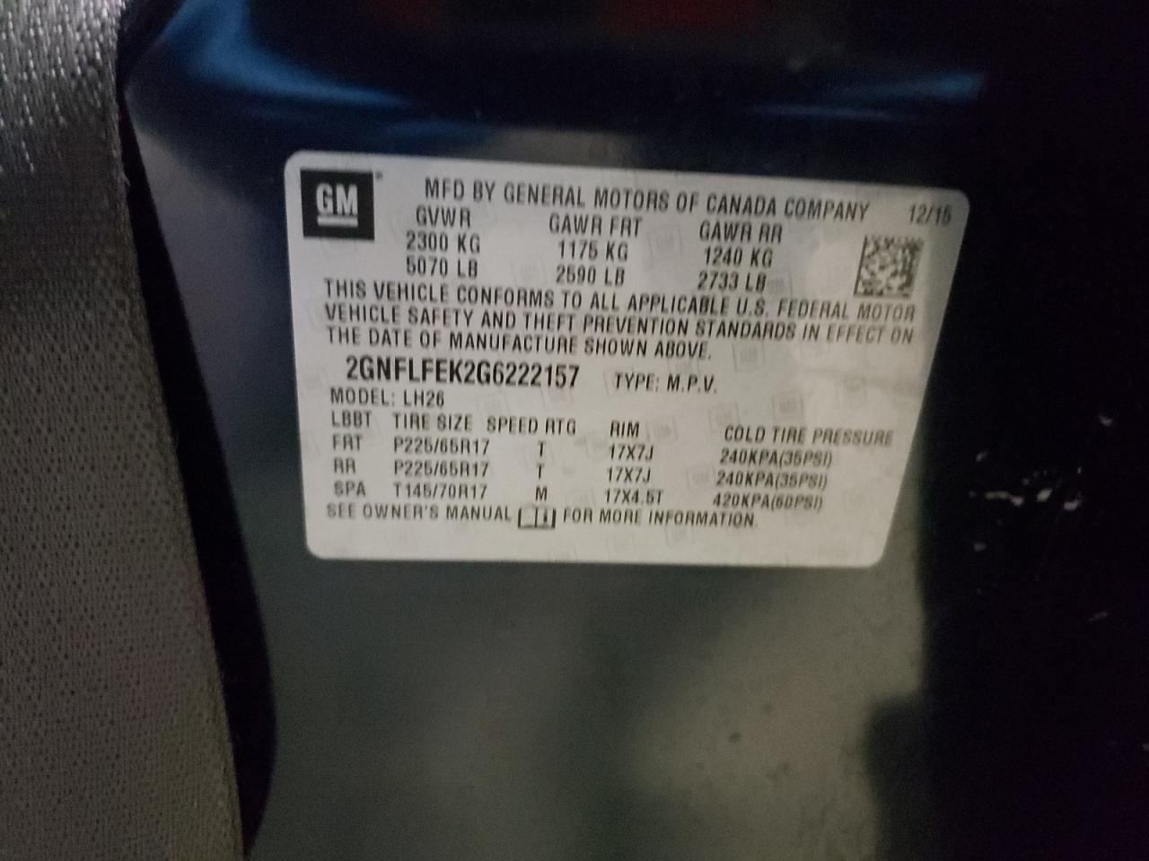 Photo 10 from auction – 2016 CHEVROLET EQUINOX LT with VIN 2GNFLFEK2G6222157