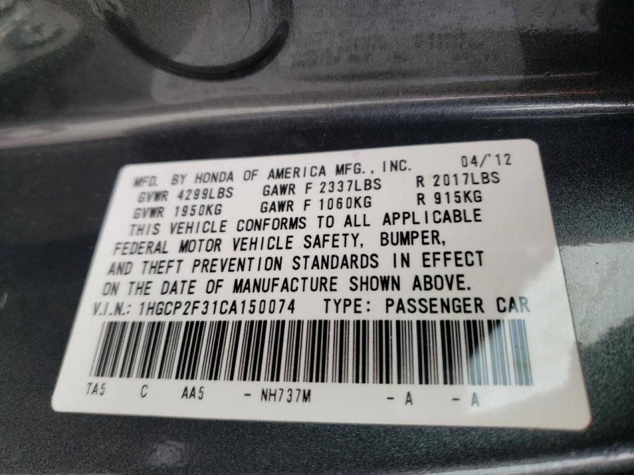 Photo 10 from auction – 2012 HONDA ACCORD LX with VIN 1HGCP2F31CA150074