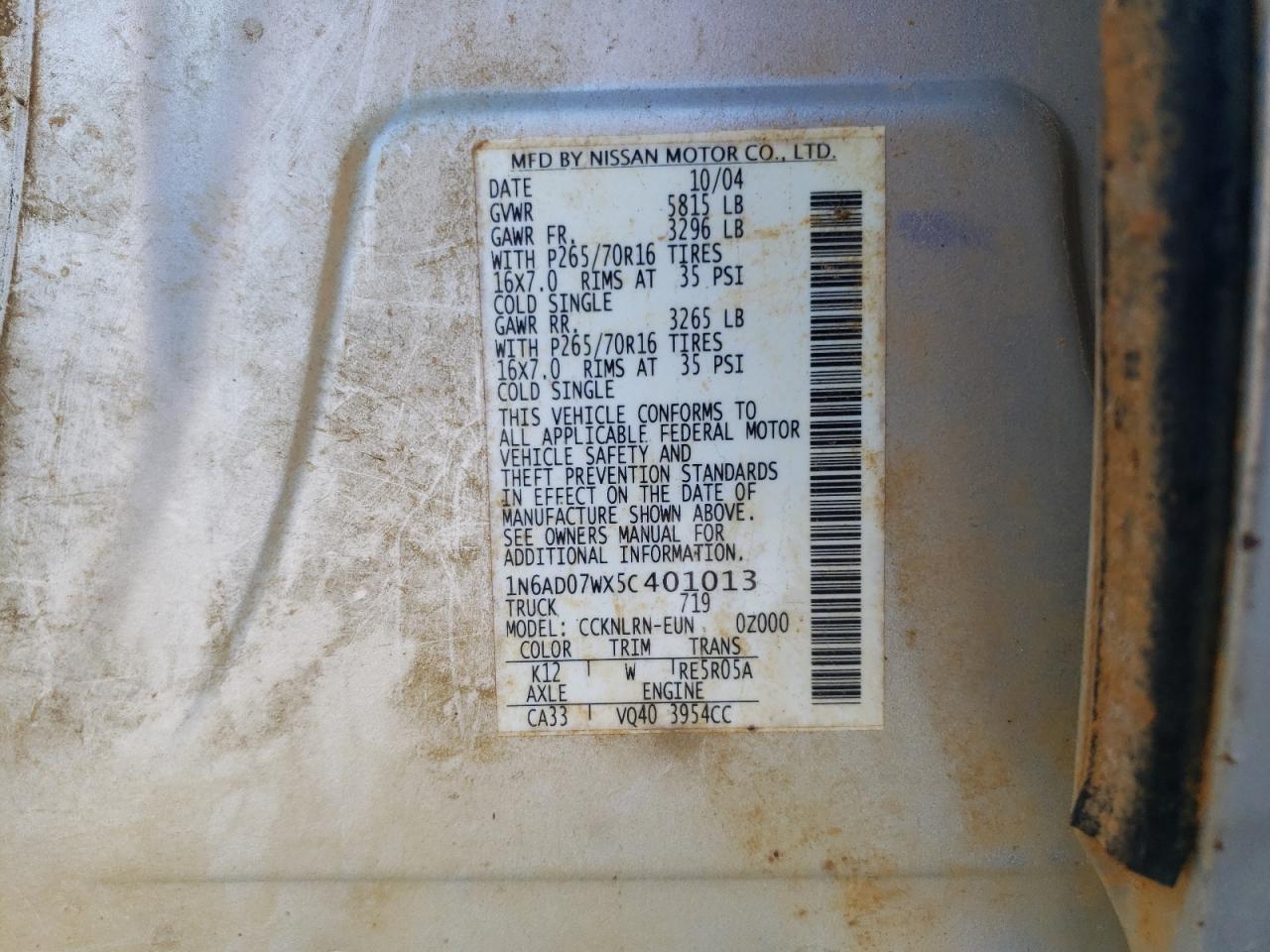 Photo 10 from auction – 2005 NISSAN FRONTIER C with VIN 1N6AD07WX5C401013