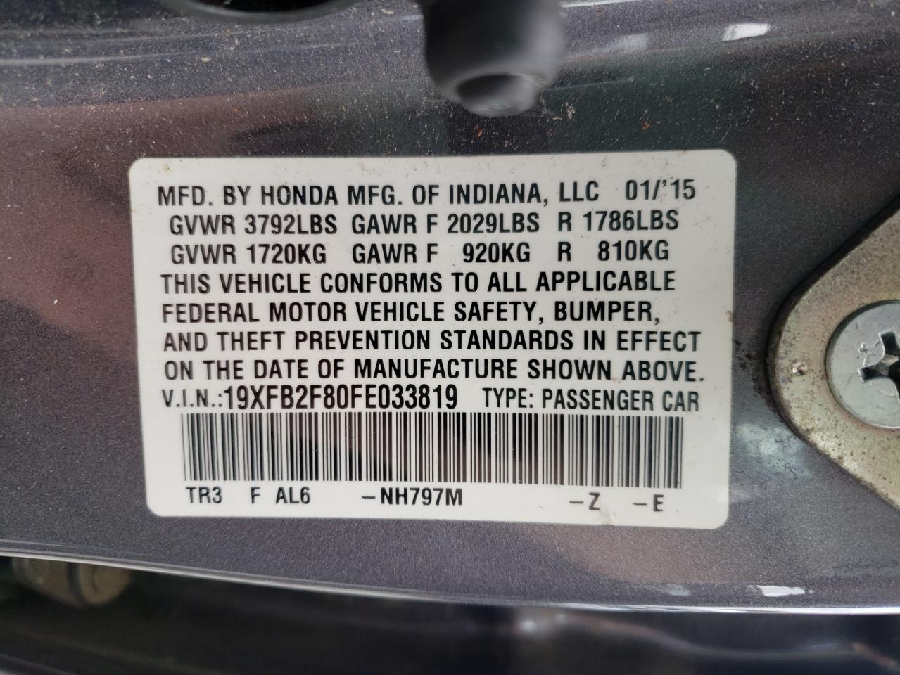Photo 10 from auction – 2015 HONDA CIVIC EX with VIN 19XFB2F80FE033819