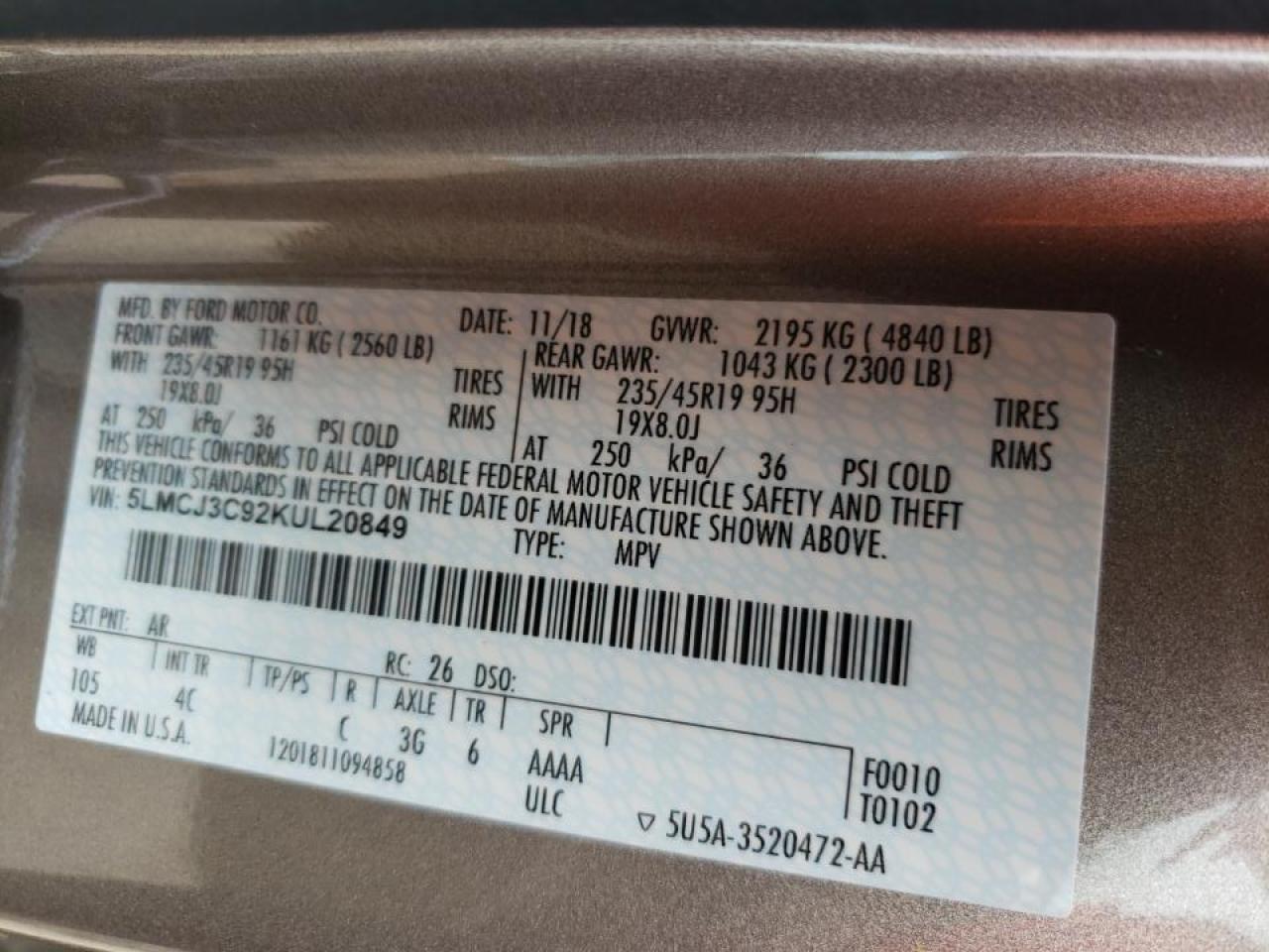 Photo 10 from auction – 2019 LINCOLN MKC RESERV with VIN 5LMCJ3C92KUL20849