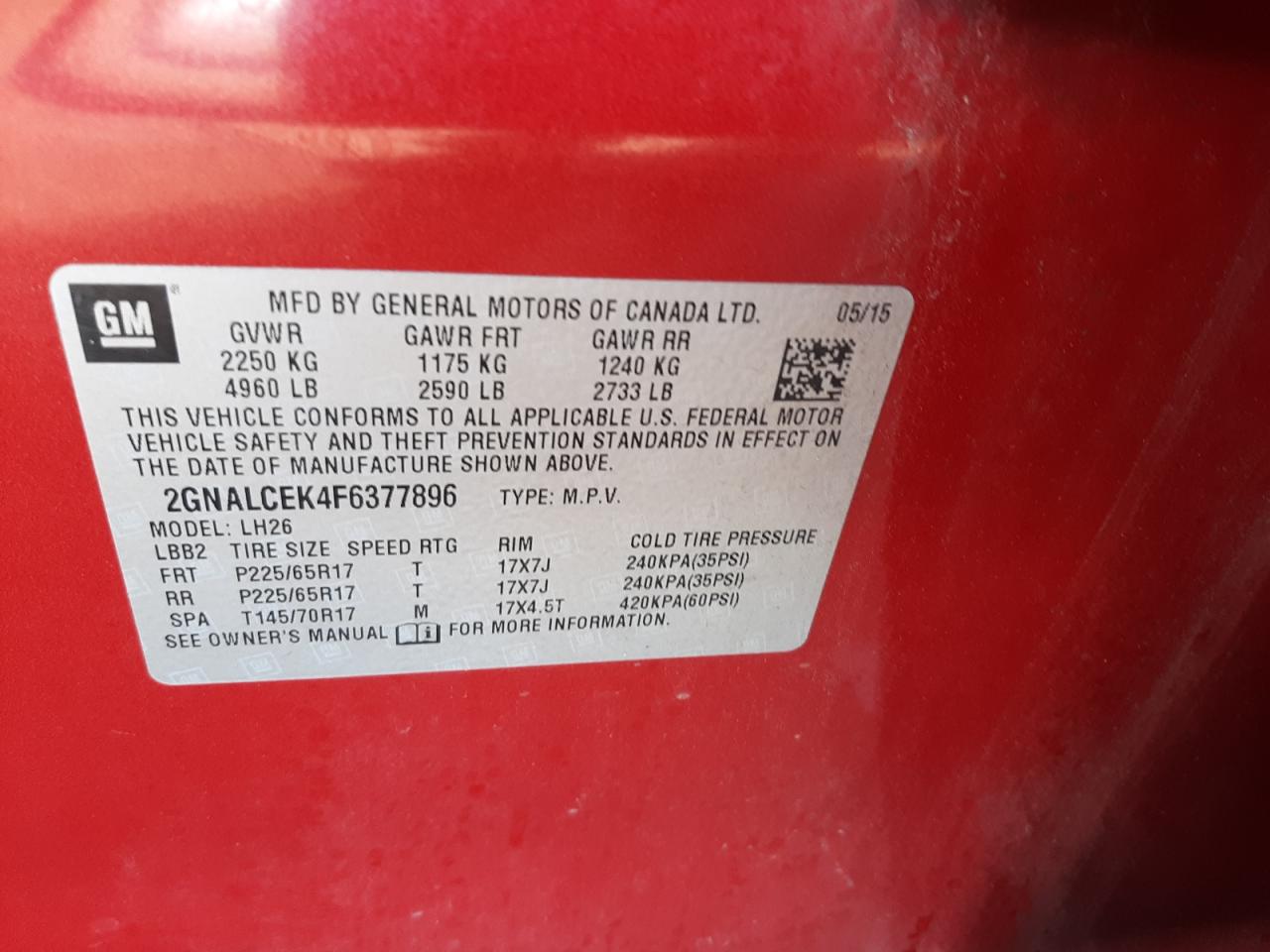 Photo 10 from auction – 2015 CHEVROLET EQUINOX LT with VIN 2GNALCEK4F6377896
