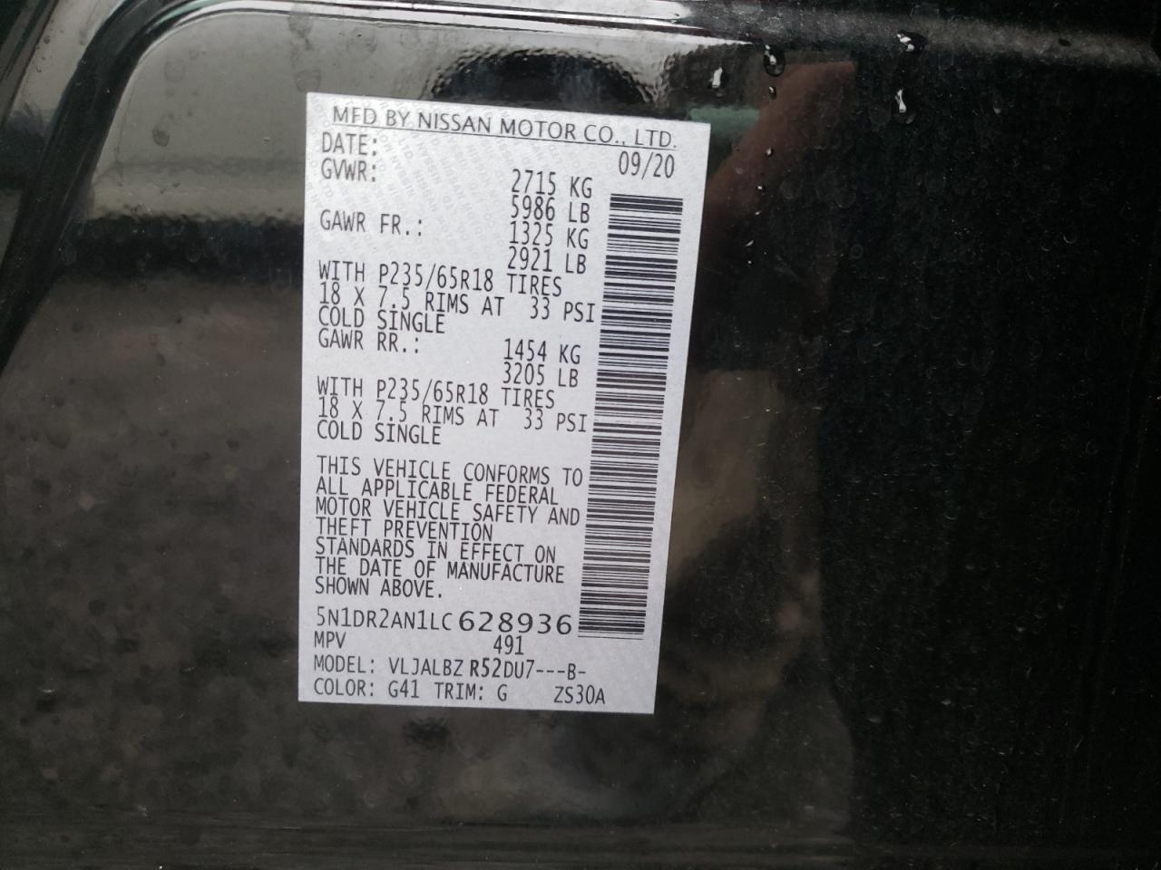 Photo 10 from auction – 2020 NISSAN PATHFINDER with VIN 5N1DR2AN1LC628936