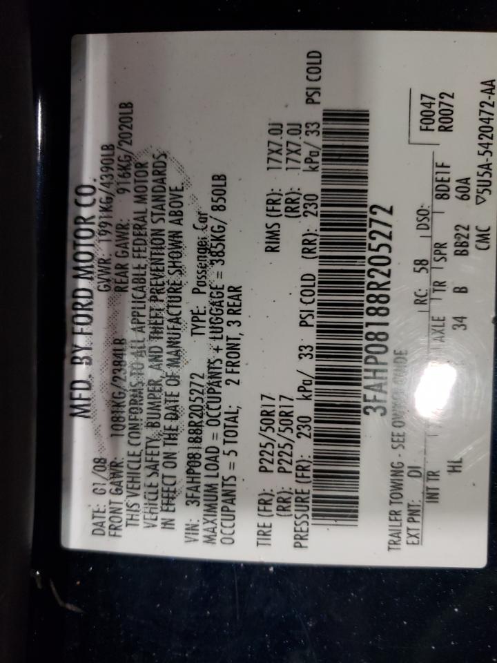 Photo 10 from auction – 2008 FORD FUSION SEL with VIN 3FAHP08188R205272