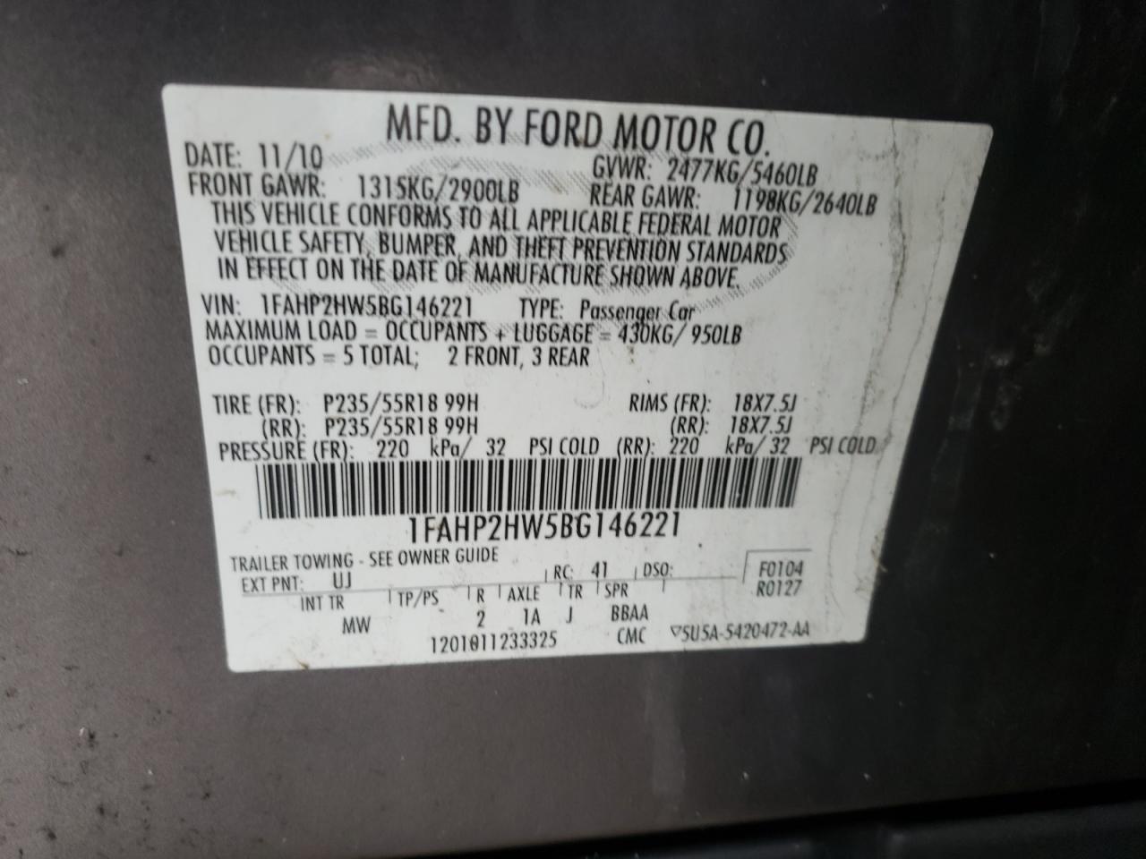 Photo 10 from auction – 2011 FORD TAURUS SEL with VIN 1FAHP2HW5BG146221