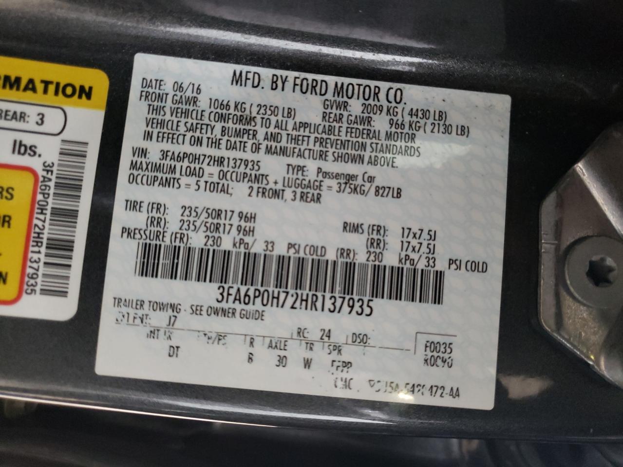 Photo 10 from auction – 2017 FORD FUSION SE with VIN 3FA6P0H72HR137935