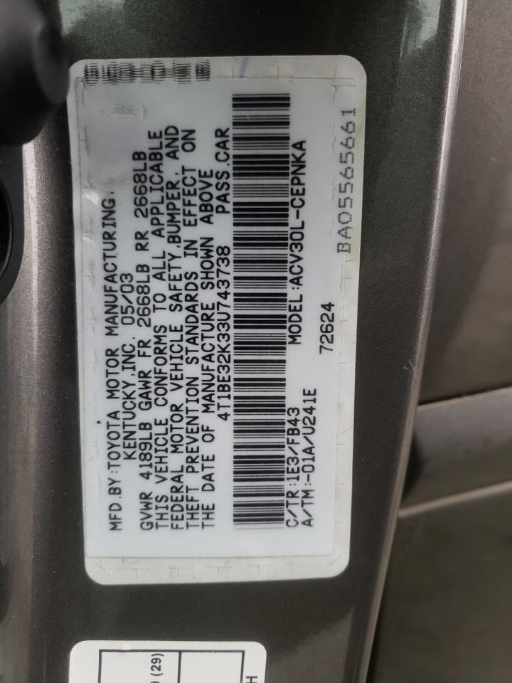 Photo 10 from auction – 2003 TOYOTA CAMRY LE with VIN 4T1BE32K33U743738