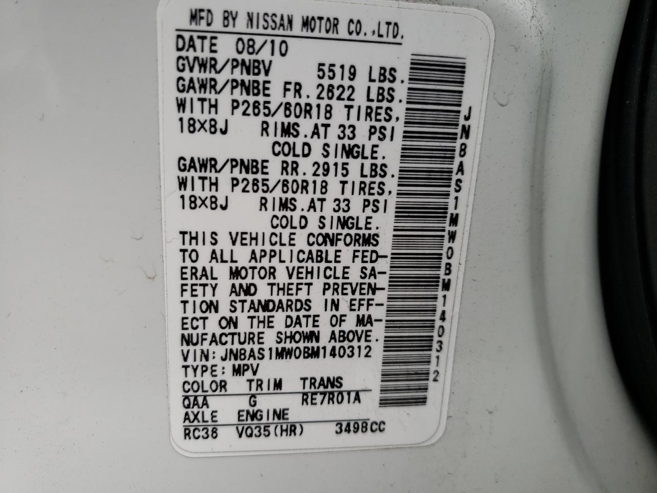 Photo 10 from auction – 2011 INFINITI FX35 with VIN JN8AS1MW0BM140312