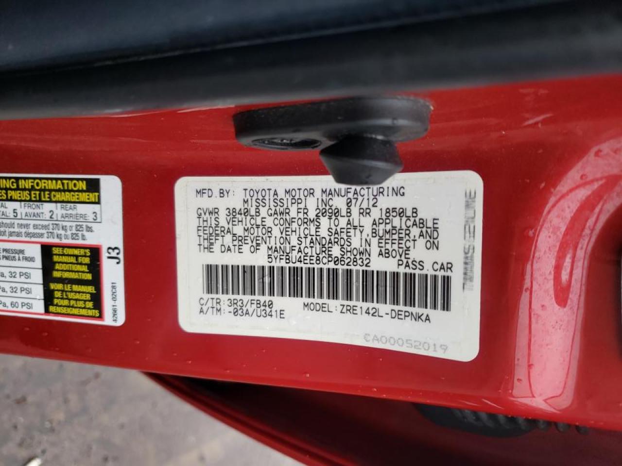 Photo 10 from auction – 2012 TOYOTA COROLLA BA with VIN 5YFBU4EE8CP062832