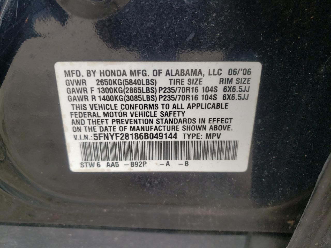 Photo 10 from auction – 2006 HONDA PILOT LX with VIN 5FNYF28186B049144