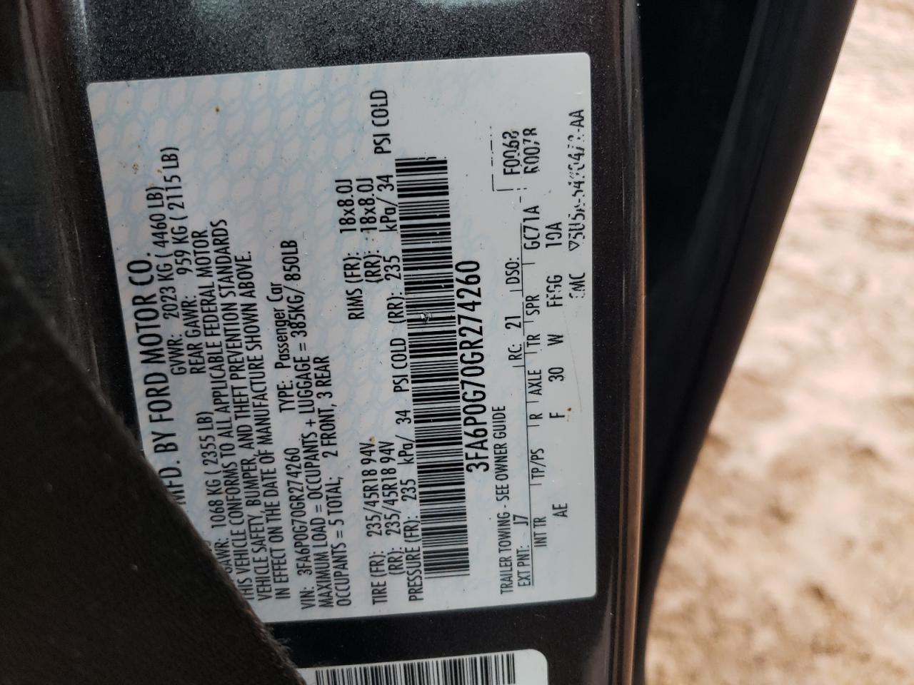 Photo 10 from auction – 2016 FORD FUSION S with VIN 3FA6P0G70GR274260