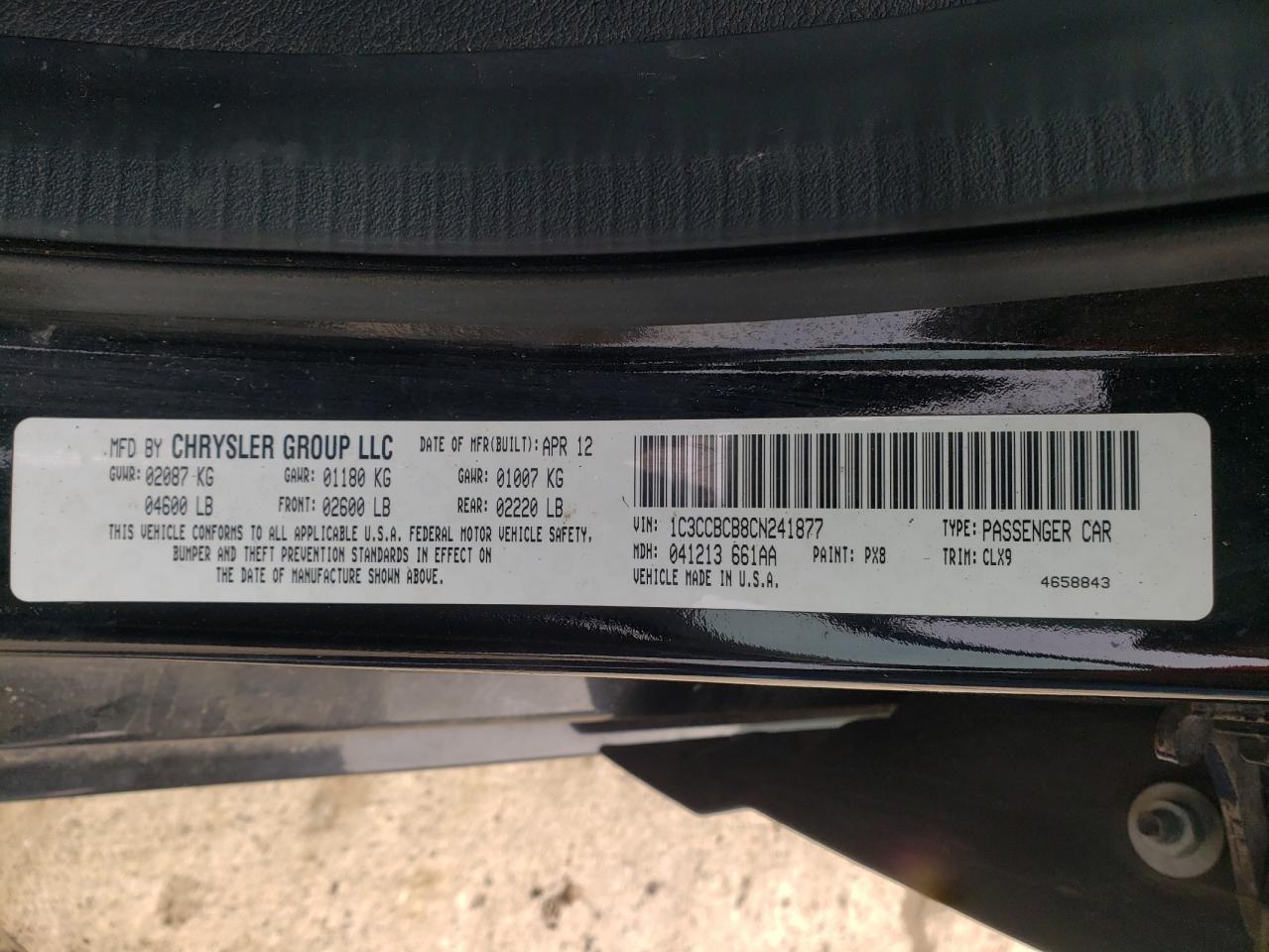 Photo 10 from auction – 2012 CHRYSLER 200 LIMITE with VIN 1C3CCBCB8CN241877