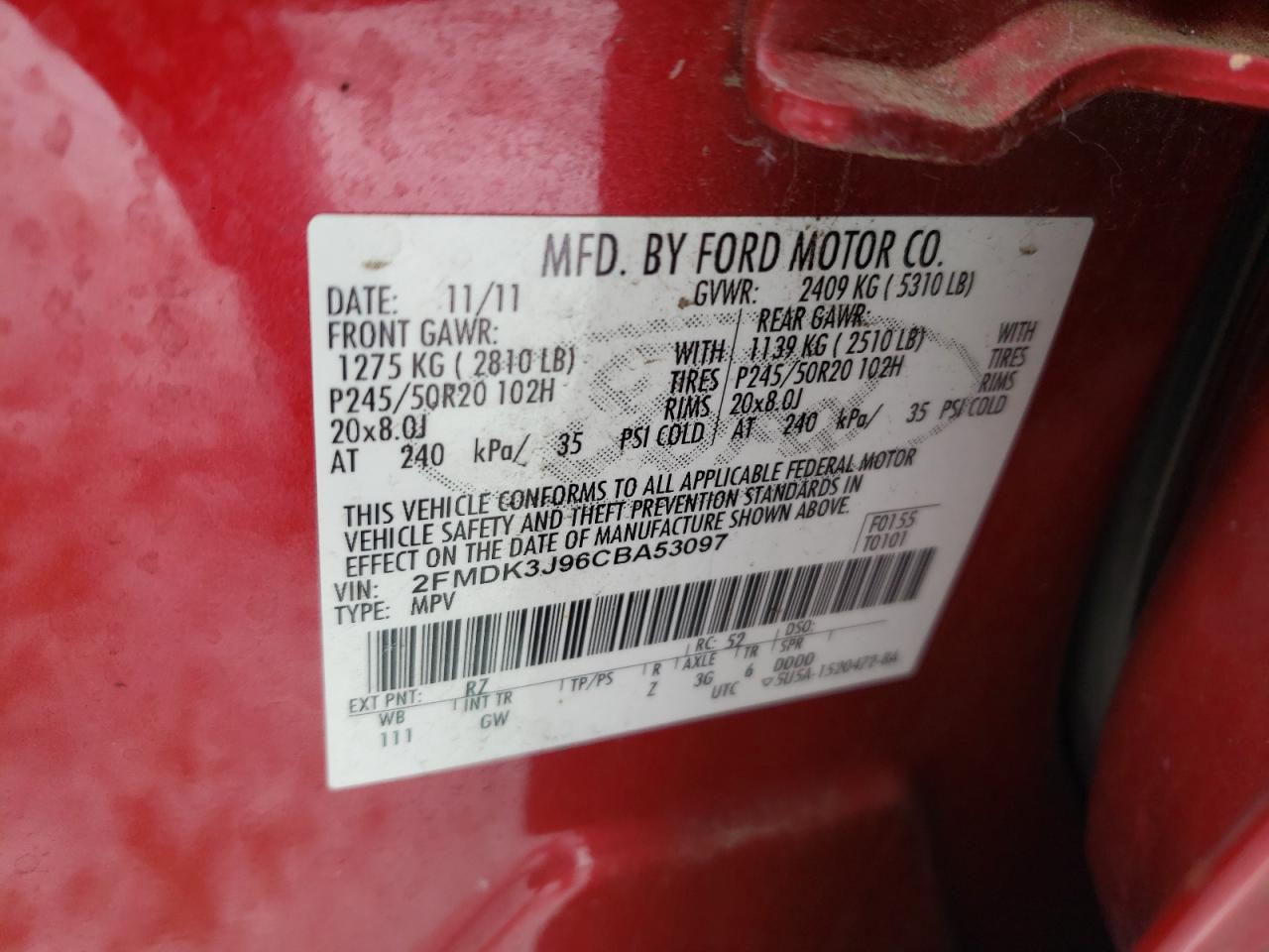 Photo 10 from auction – 2012 FORD EDGE SEL with VIN 2FMDK3J96CBA53097