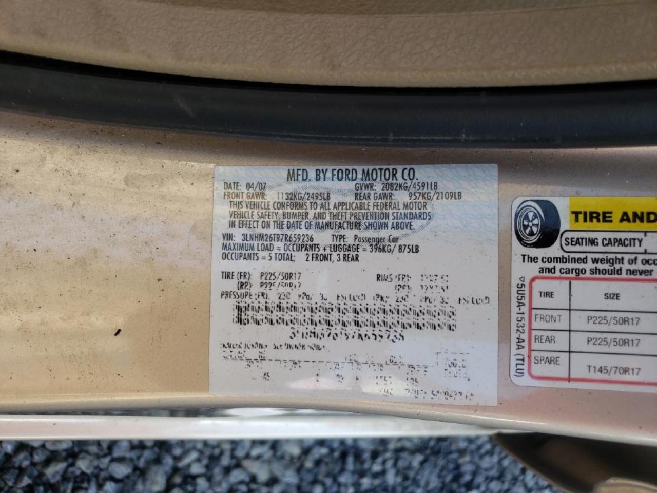 Photo 10 from auction – 2007 LINCOLN MKZ with VIN 3LNHM26T97R659236