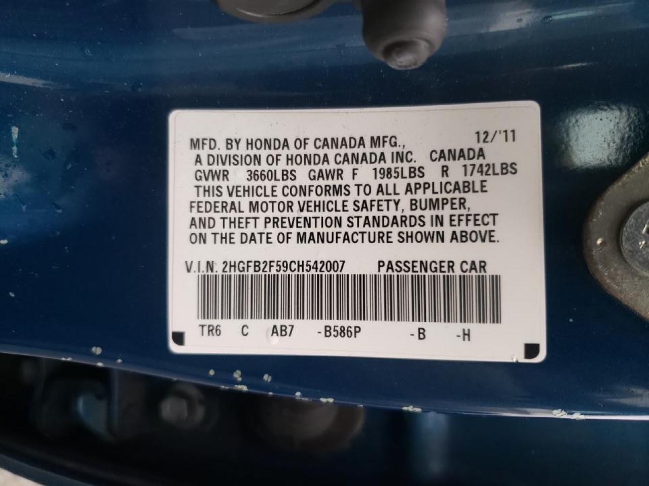 Photo 10 from auction – 2012 HONDA CIVIC LX with VIN 2HGFB2F59CH542007