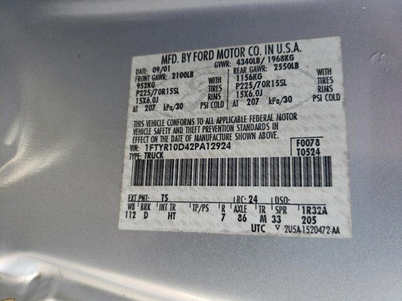 Foto 10 de la subasta – 2002 FORD RANGER con VIN 1FTYR10D42PA12924
