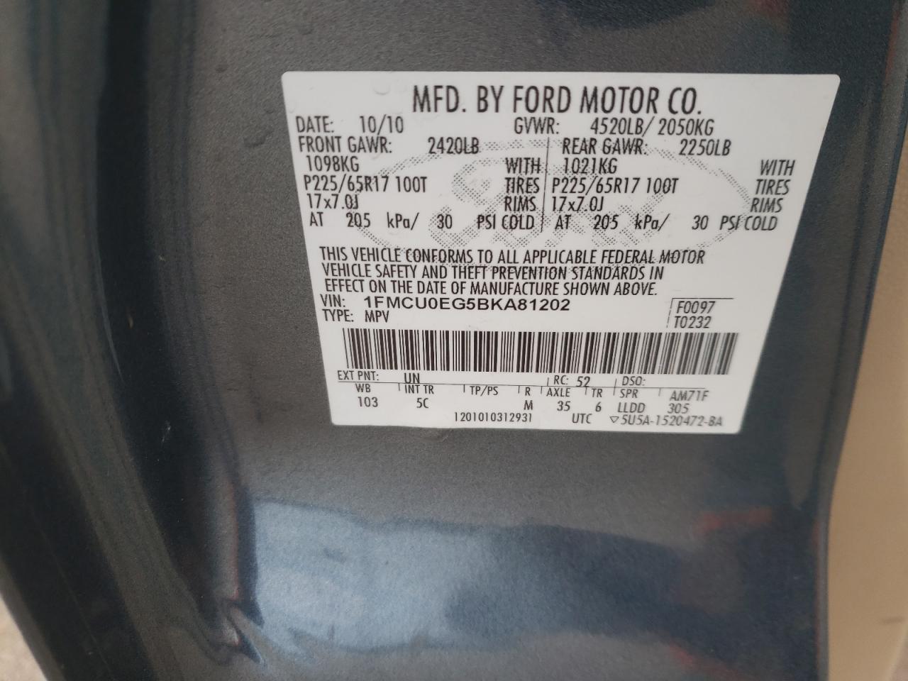 Photo 10 from auction – 2011 FORD ESCAPE LIM with VIN 1FMCU0EG5BKA81202