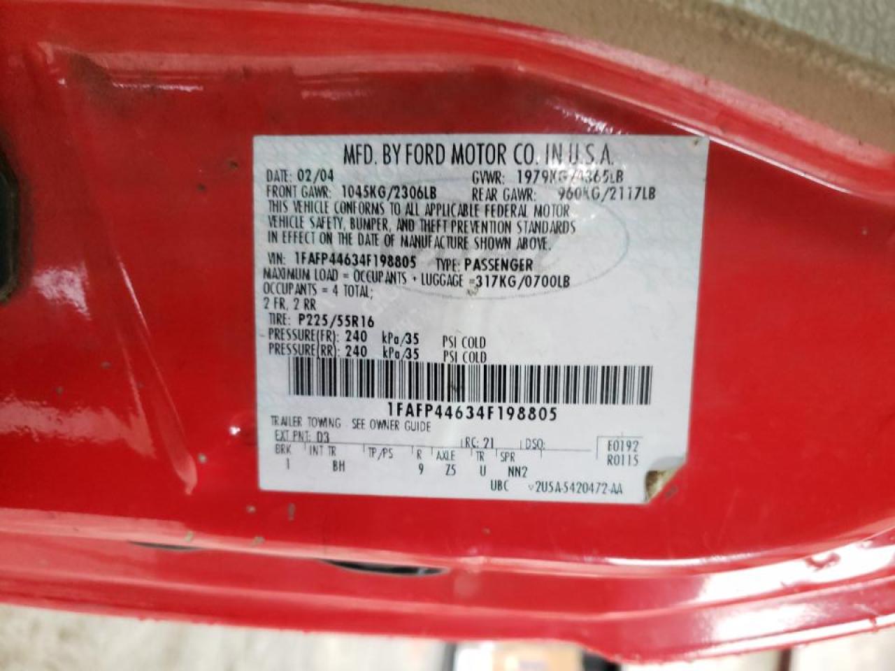 Photo 10 from auction – 2004 FORD MUSTANG with VIN 1FAFP44634F198805
