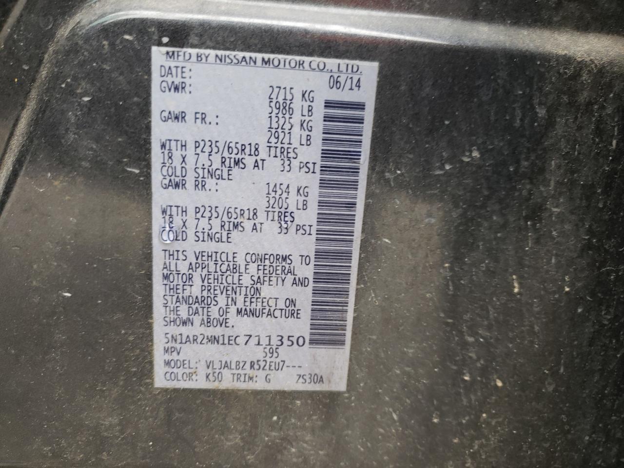 Photo 10 from auction – 2014 NISSAN PATHFINDER with VIN 5N1AR2MN1EC711350