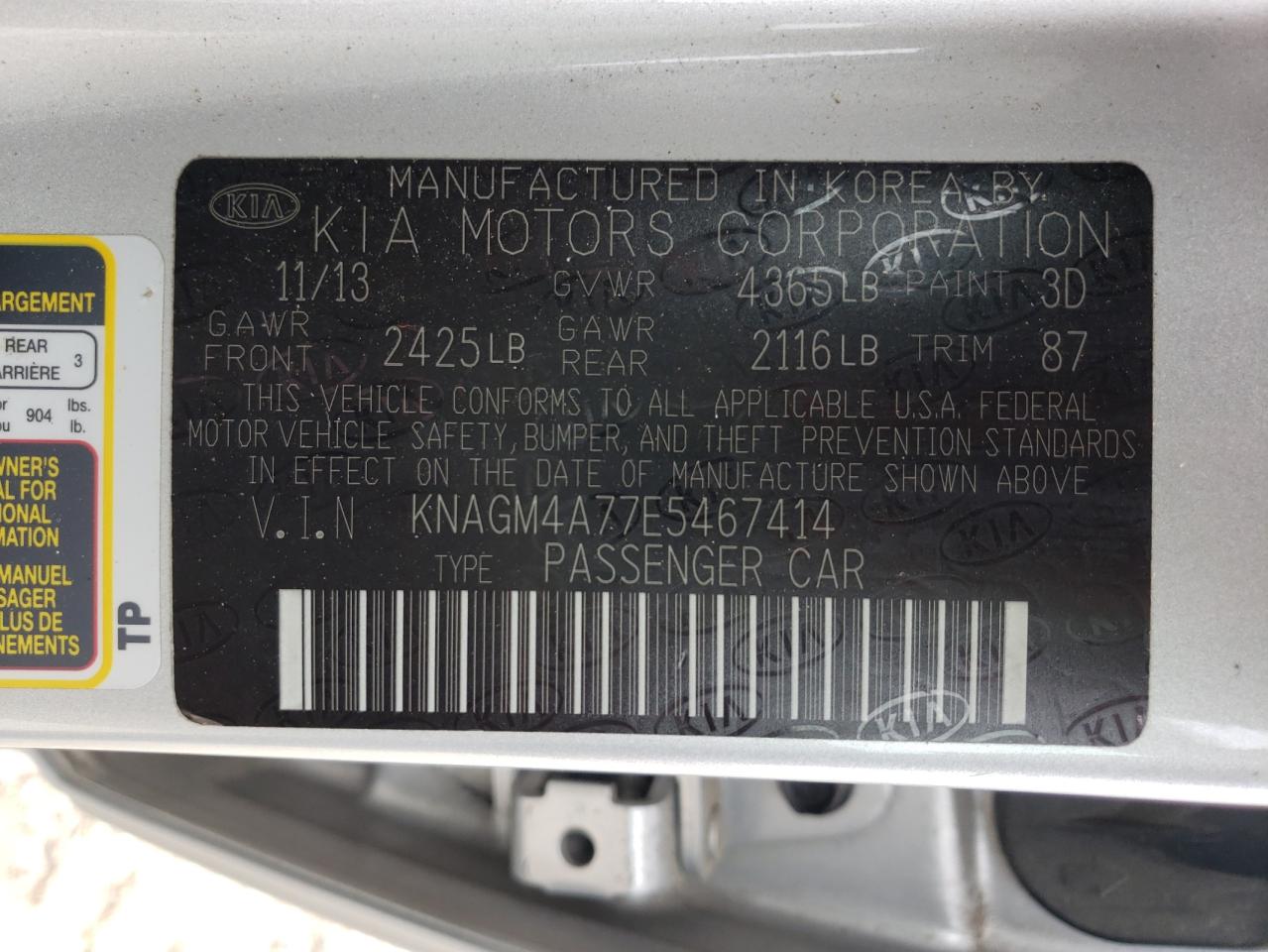 Photo 10 from auction – 2014 KIA OPTIMA LX with VIN KNAGM4A77E5467414