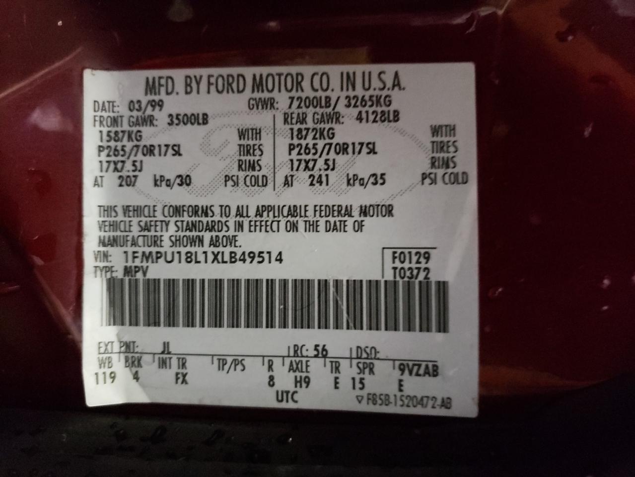 Photo 10 from auction – 1999 FORD EXPEDITION with VIN 1FMPU18L1XLB49514