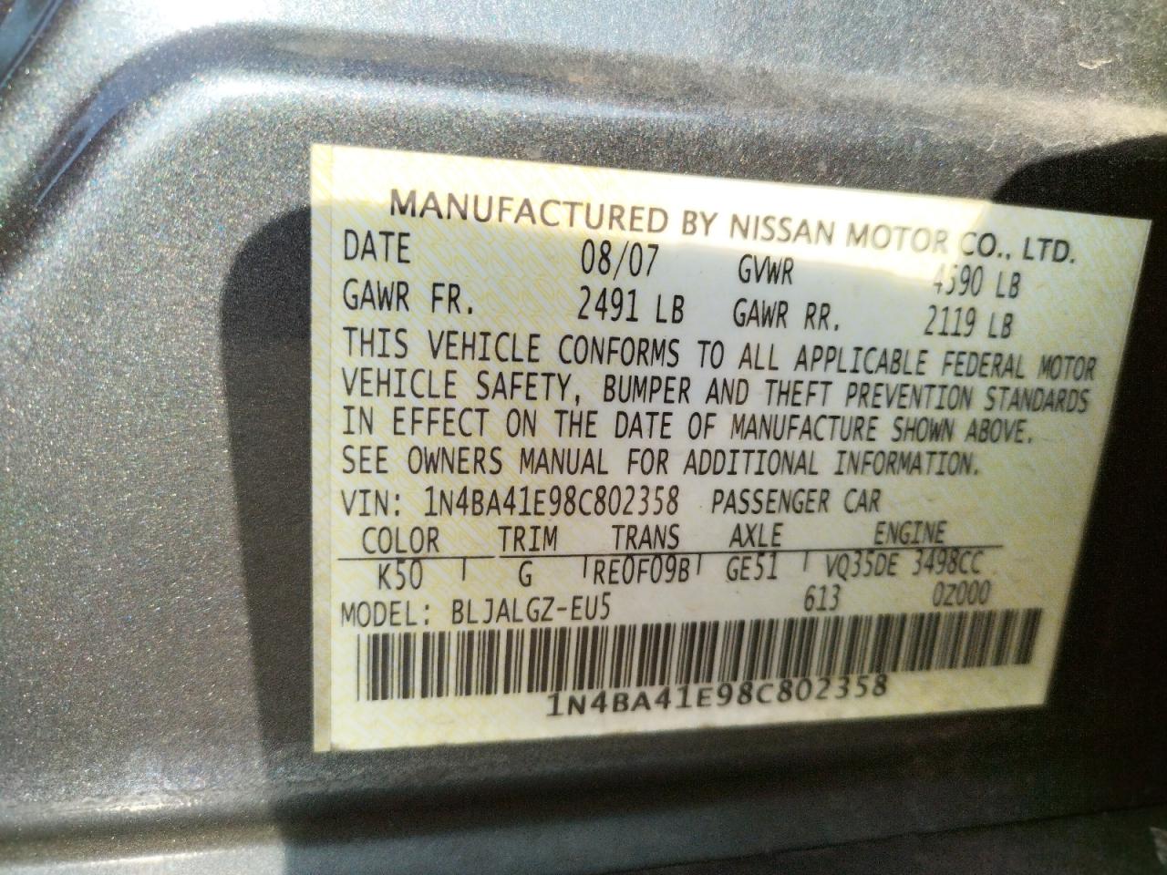 Photo 10 from auction – 2008 NISSAN MAXIMA SE with VIN 1N4BA41E98C802358