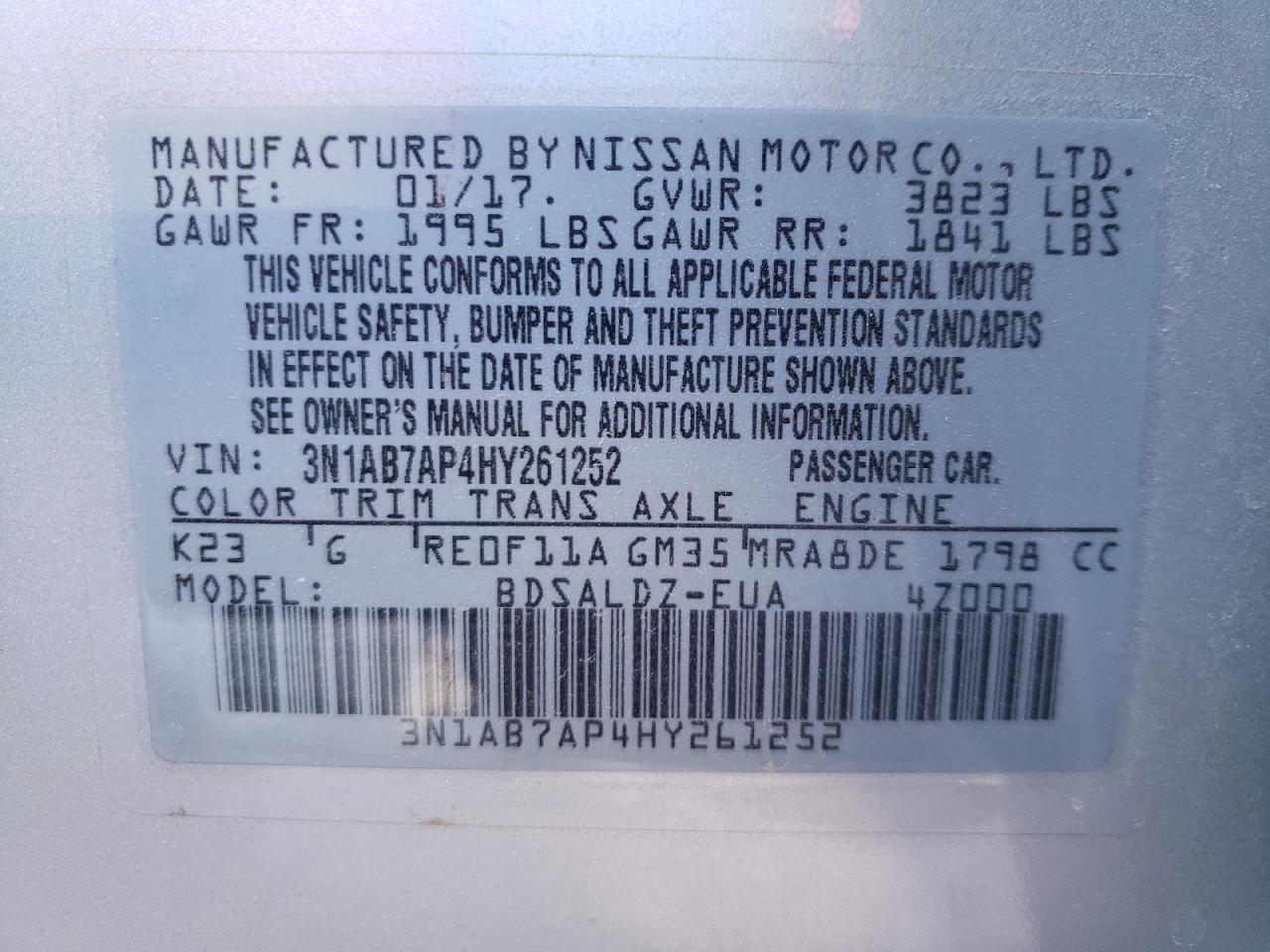 Photo 10 from auction – 2017 NISSAN SENTRA S with VIN 3N1AB7AP4HY261252