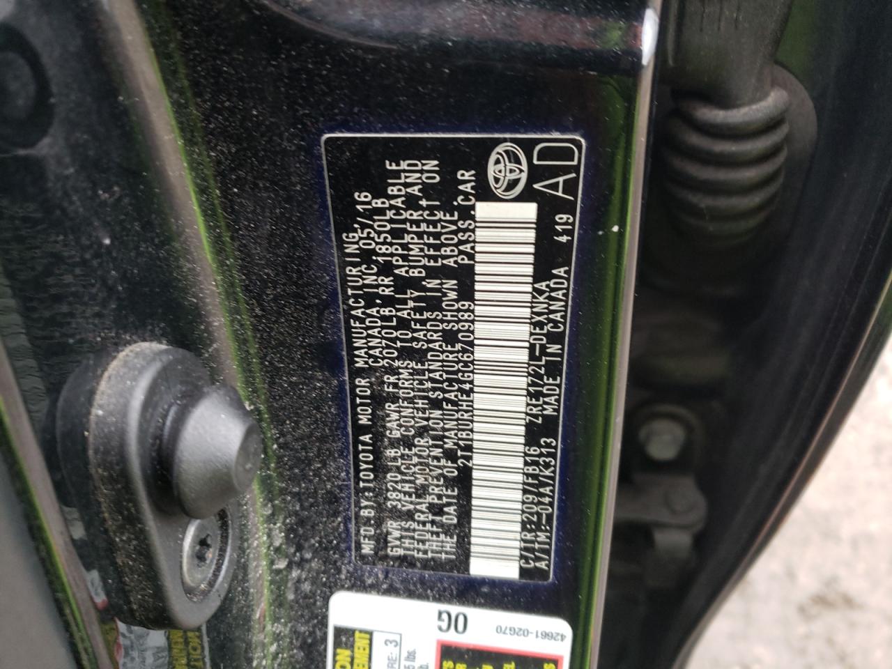 Photo 10 from auction – 2016 TOYOTA COROLLA L with VIN 2T1BURHE4GC670989
