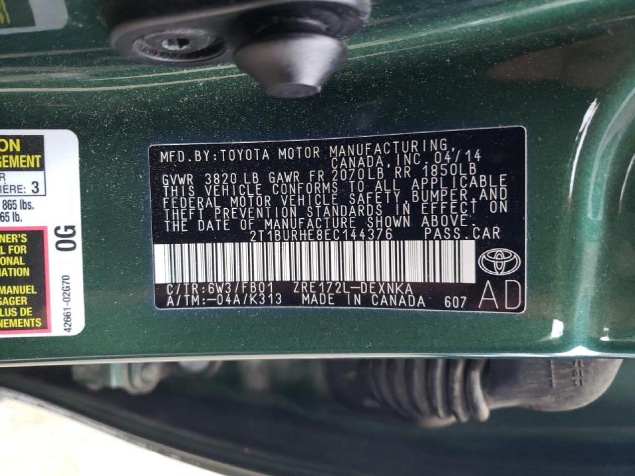 Photo 10 from auction – 2014 TOYOTA COROLLA L with VIN 2T1BURHE8EC144376