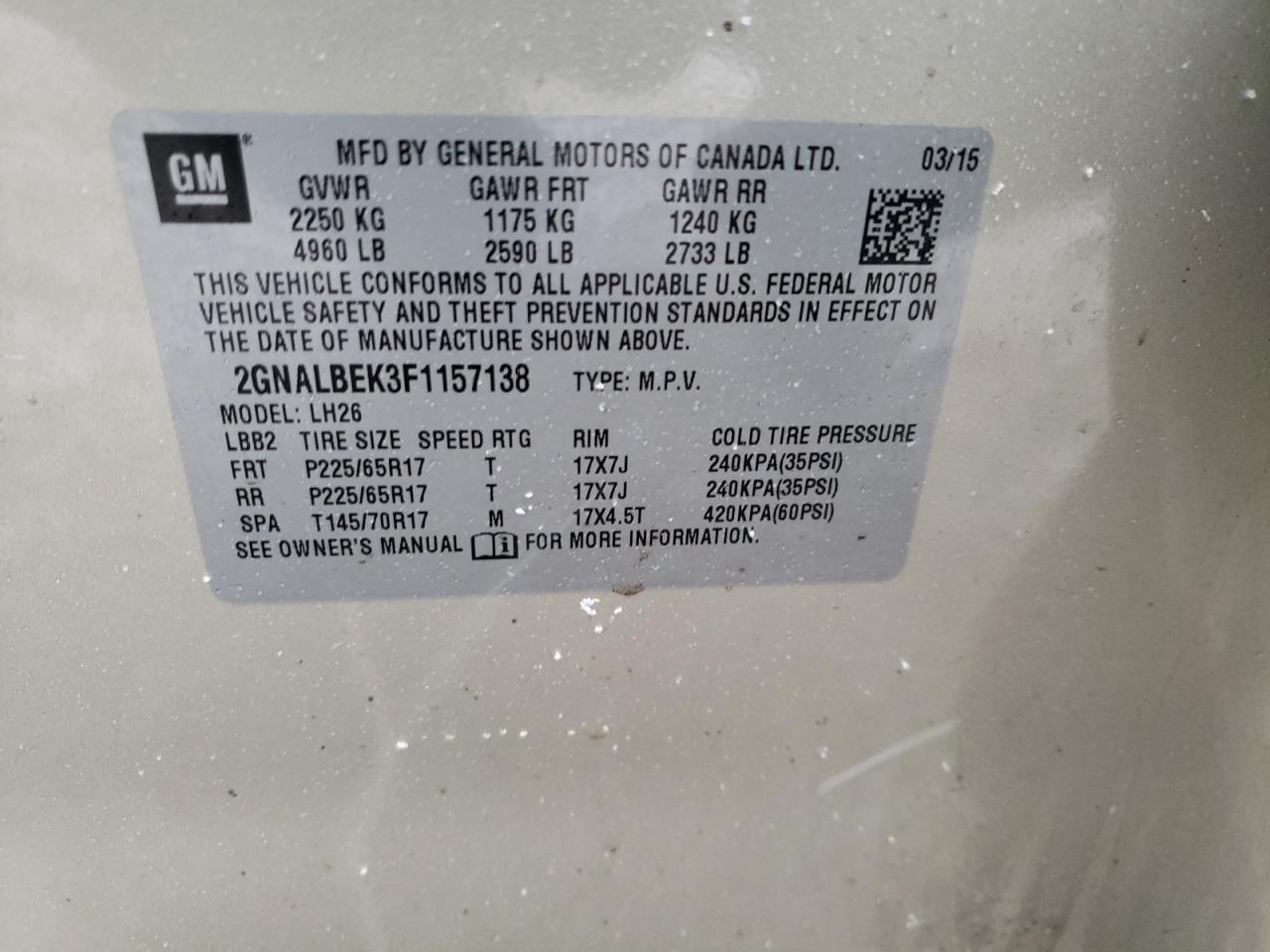 Photo 10 from auction – 2015 CHEVROLET EQUINOX LT with VIN 2GNALBEK3F1157138