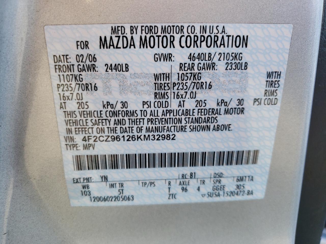 Photo 10 from auction – 2006 MAZDA TRIBUTE S with VIN 4F2CZ96126KM32982