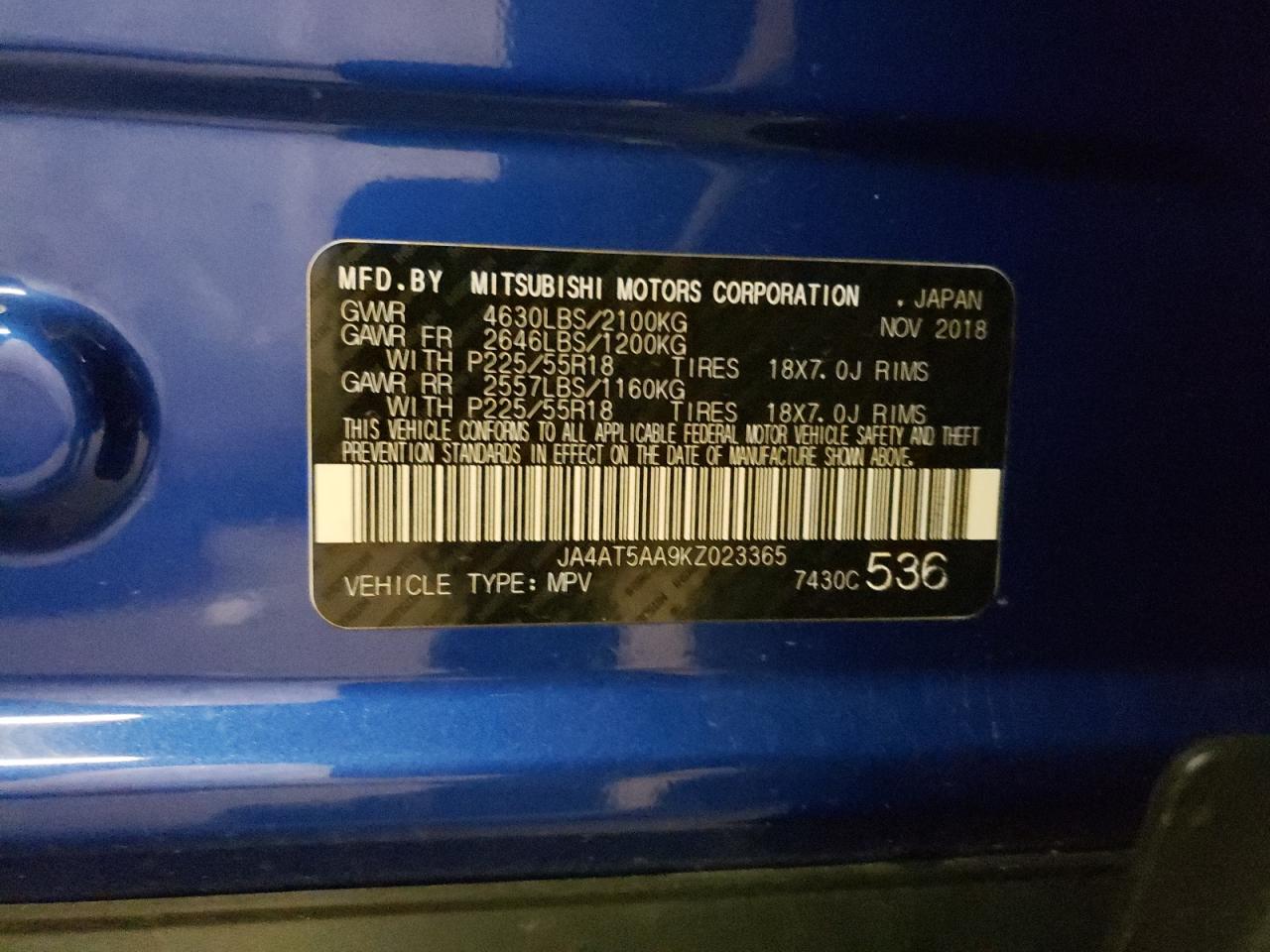 Photo 10 from auction – 2019 MITSUBISHI ECLIPSE CR with VIN JA4AT5AA9KZ023365